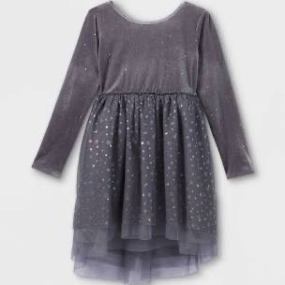 Cat & Jack Velour Long Sleeve Dress Princess Gray Sparkle Stars 7/8 NWOT